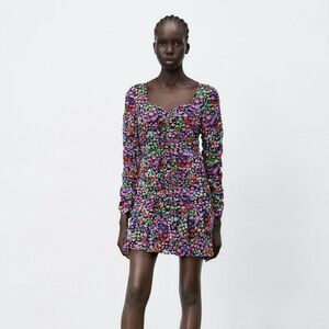 NWT Zara Black Multi Colorful Floral Long Sleeve Ruched Draped Mini Dress